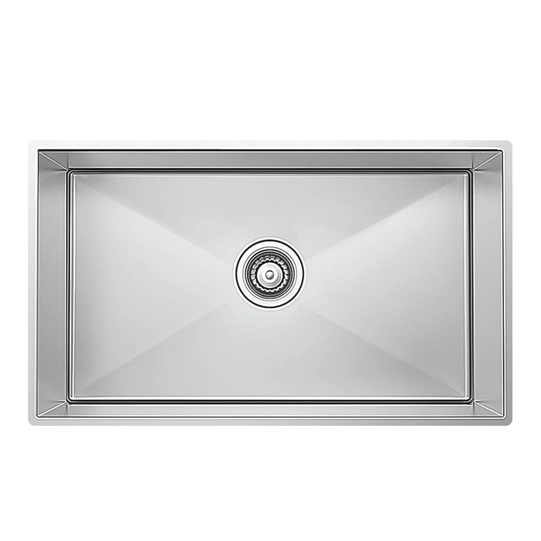 Shop Alpha handmade stainless steel kitchen sink, 76 ×41 cm, 1 mm thick with 20 cm depth, flat-edge design and 3-inch drainage set.