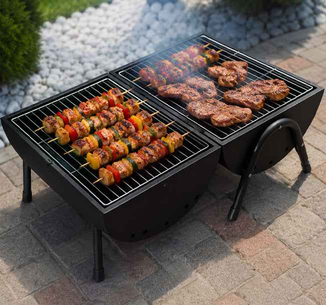 Double Charcoal BBQ Grill with Dual Cooking Zones