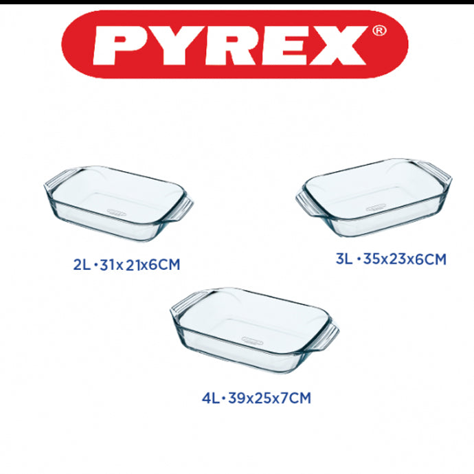 Pyrex Optimum Set of 3 Rectangular Glass Roasters – 2L, 3L & 4L