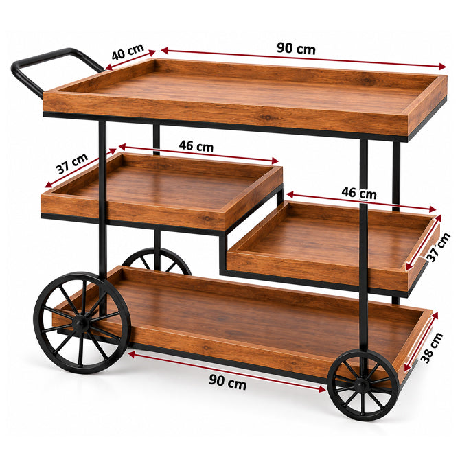 Wooden Serving Cart with 4 Tiered Trays & Black Metal Frame